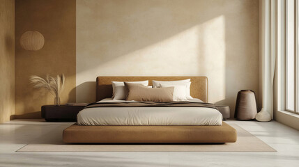 A bedroom with a large bed, a white wall, and two potted plants