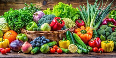 Vibrant assortment of fresh vegetables and fruits including bell peppers, lettuce, broccoli, tomatoes, and cucumbers arranged in a basket on a rustic wooden surface, showcasing colorful, healthy, orga