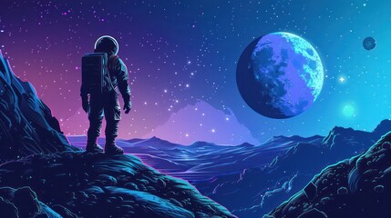 Naklejka premium Astronaut Gazing at a Distant Planet