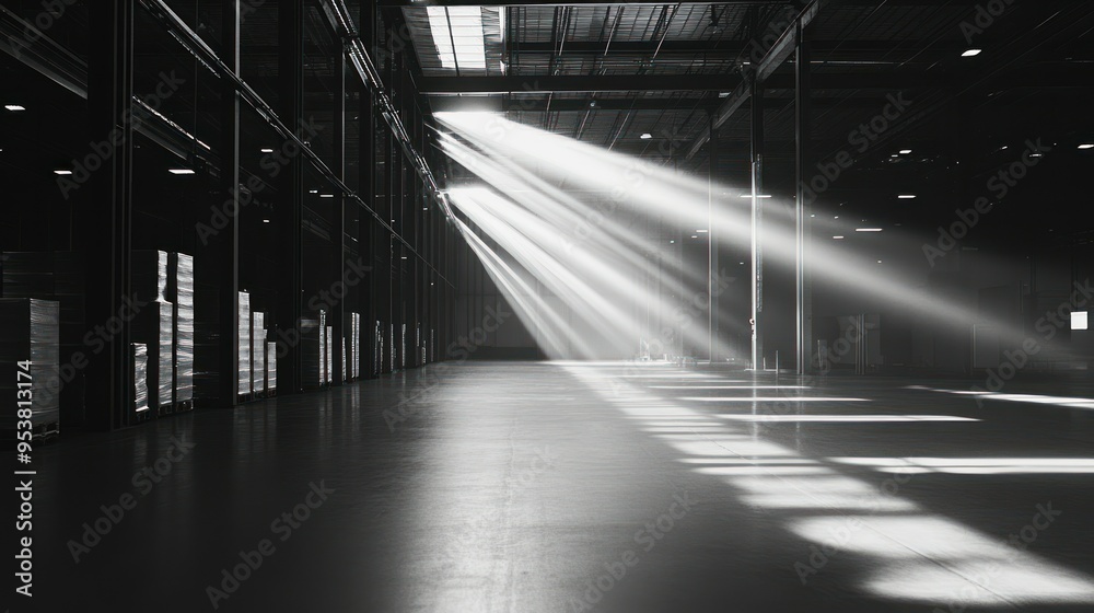 Poster sunbeams illuminating an empty warehouse