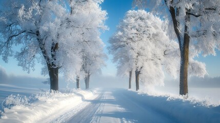 A beautiful winter landscape with white, snow-covered trees and roads covered in fresh powder, creating an enchanting scene of nature's beauty