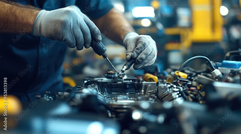 Poster gloved hand using screwdriver on car engine