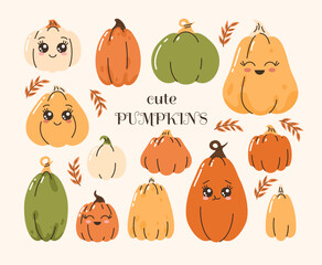 Set of cute pumpkins. Flat vector illustration.