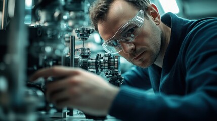 A Man Wearing Safety Glasses Works with a Metal Machine