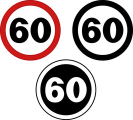 Signs Speed ​​Limit 60. Prohibitory Road Signs. Red, Black, and White Vector Icons
