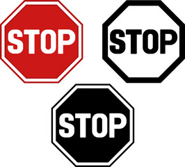 Stop Signs. Prohibitory Road Signs. Mandatory Short-Term Stopping of Vehicles. Red, Black, and White Vector Icons