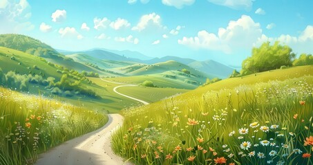 farm road with a backdrop of rolling hills covered in wild grasses and flowers.