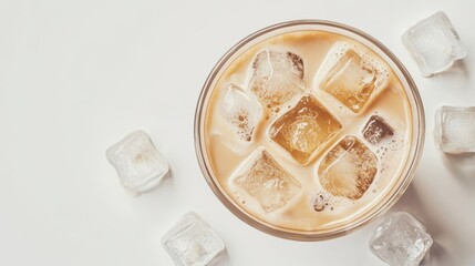 Iced Latte with Ice Cubes in a Glass on White Background, Refreshing Summer Drink Generative AI