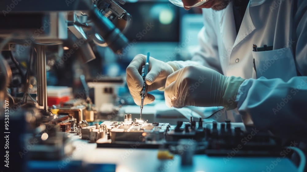 Poster Technician Working on Circuit Board with Precision Tool