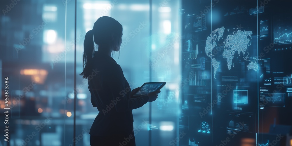 Aufkleber in a modern office promoting teamwork, a skilled businesswoman analyzes data with advanced technolog