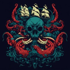 Obraz premium Skull Surrounded by Tentacles and Ship Sails