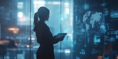 In a modern office promoting teamwork, a skilled businesswoman analyzes data with advanced technology to drive growth and innovation while fostering efficiency and creativity within her team