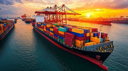 A vibrant cargo ship filled with colorful containers navigates through a harbor under a stunning sunset.