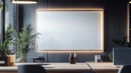 A large white board is on the wall of a room with a lot of chairs and tables