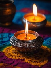 A traditional Diya oil lamp on a colorful Rangoli design celebrating Diwali.