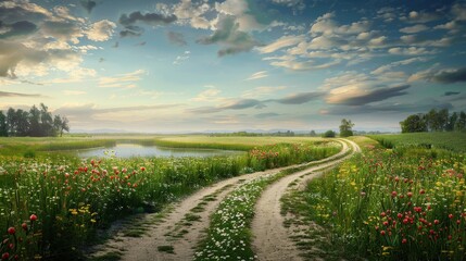 Obraz premium fork in the road at a serene countryside, with one path leading through a flower field and the other toward a tranquil pond.