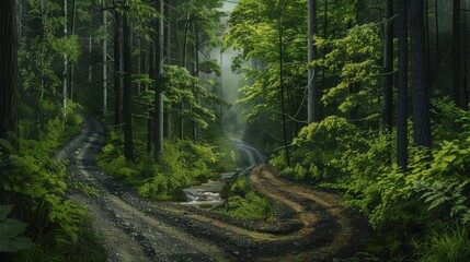 fork in the road in a serene forest, with one route following a babbling brook and the other winding through dense trees.