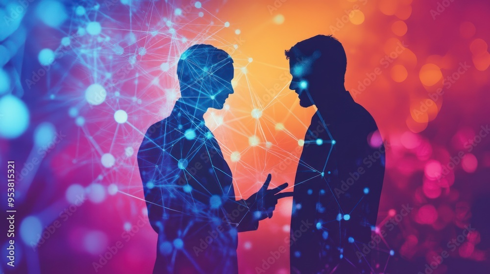 Poster silhouettes of two men interacting within a digital network