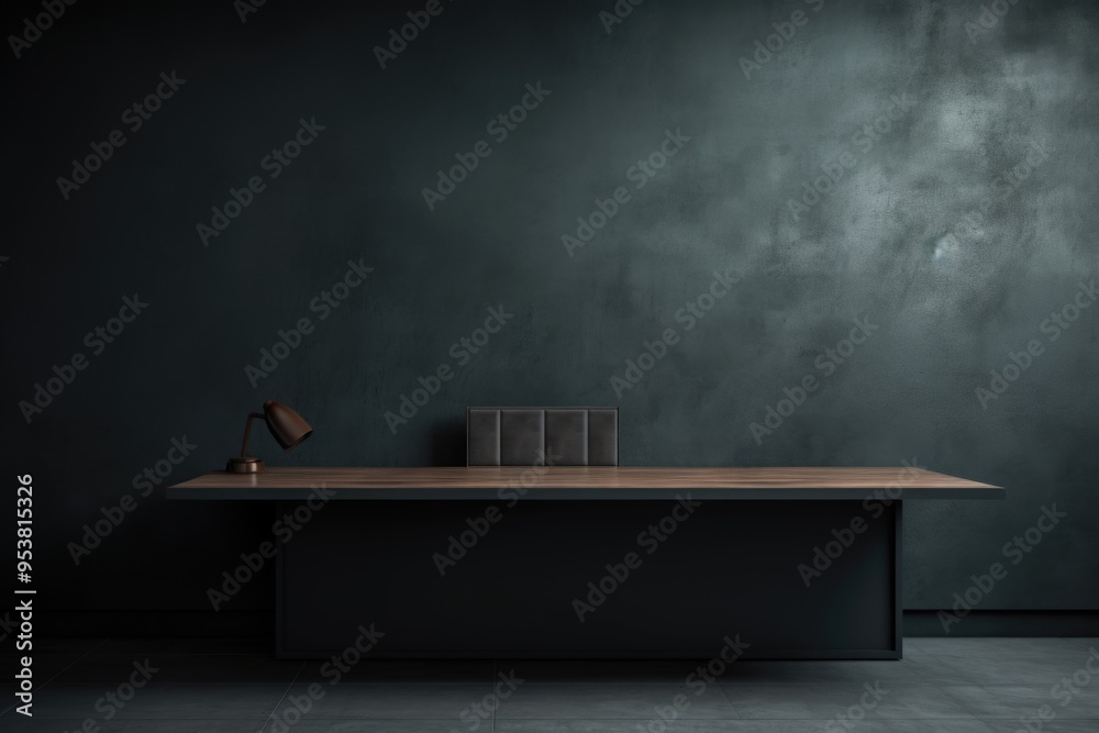 Poster dark wall background. empty workplace in front of an abstract package.