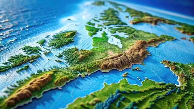 Aerial View Of A Detailed Map Of The Island Of Newfoundland, Canada, With Blue Coastline And Intricate Geographic Features.