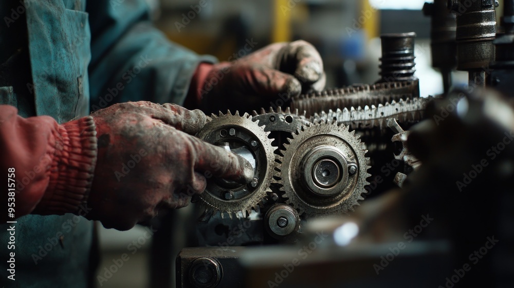 Aufkleber close-up of a mechanic's hand adjusting gears in a workshop