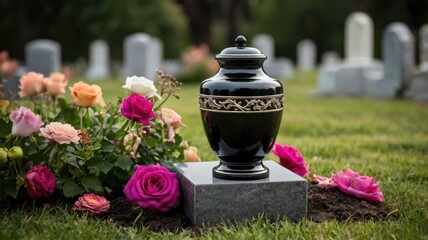 A black urn surrounded by flowers in a serene cemetery during daylight