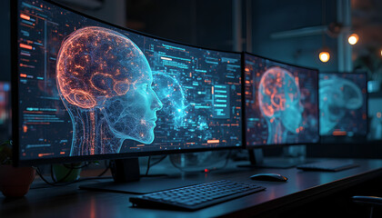 the screen of a computer screen displays intricate details of a complex network of computer systems. Vibrant colors and dynamic shapes display  generative ai 