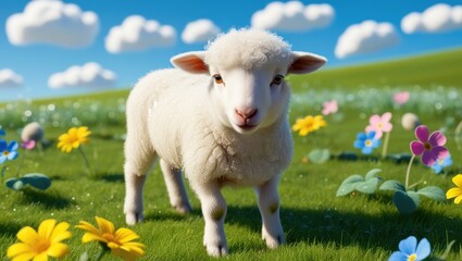 Obraz premium A playful lamb exploring a vibrant flower-filled meadow during a sunny spring afternoon