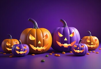 Halloween Pumpkin light on violet Background. 3D rendering.
