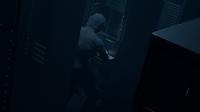 A Hacker Performing Unauthorized Server Access Business Database Attack A Hacker Performing Unauthorized Server Access Dark Person In A Hoodie Is Connected To The Machine By A Laptop animation