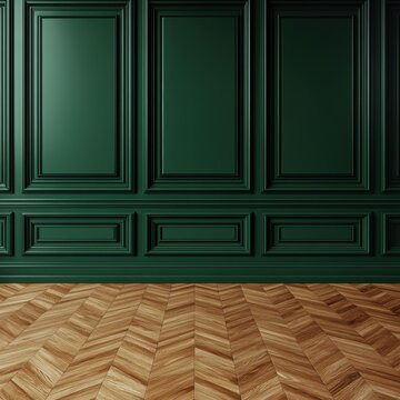 Luxurious interior with a deep emerald green wall featuring intricate molding and a herringbone parquet floor, emphasizing a refined and elegant design aesthetic