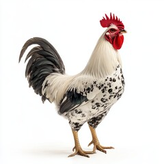 Fototapeta premium White and black speckled rooster captured mid-strut, with one leg forward, conveying a sense of movement, isolated on a white background