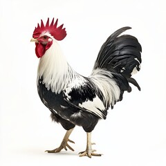Fototapeta premium Black-and-white feathered rooster captured mid-strut, with one leg forward, showcasing a dynamic and confident posture, isolated on a white background