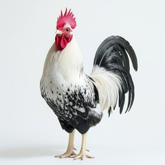 White and black speckled rooster standing on both legs, looking directly at the camera with a neutral expression, isolated on a white background