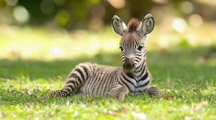 A close-up of a baby zebra lying on the grass, with its distinctive stripes clearly visible.