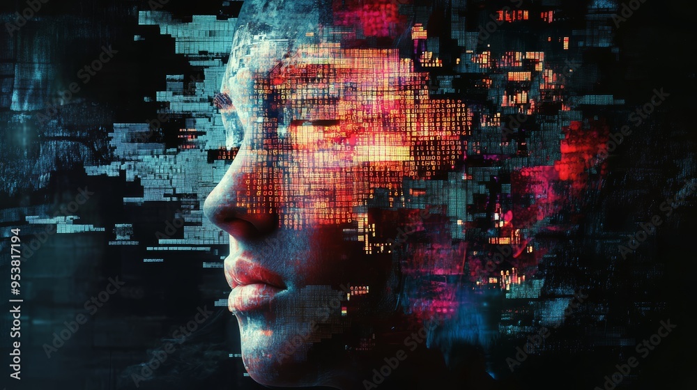 Aufkleber Close-up of a digital face fragmenting into pixels and data on a dark background. Symbolizes digital identity and cybersecurity threats.
