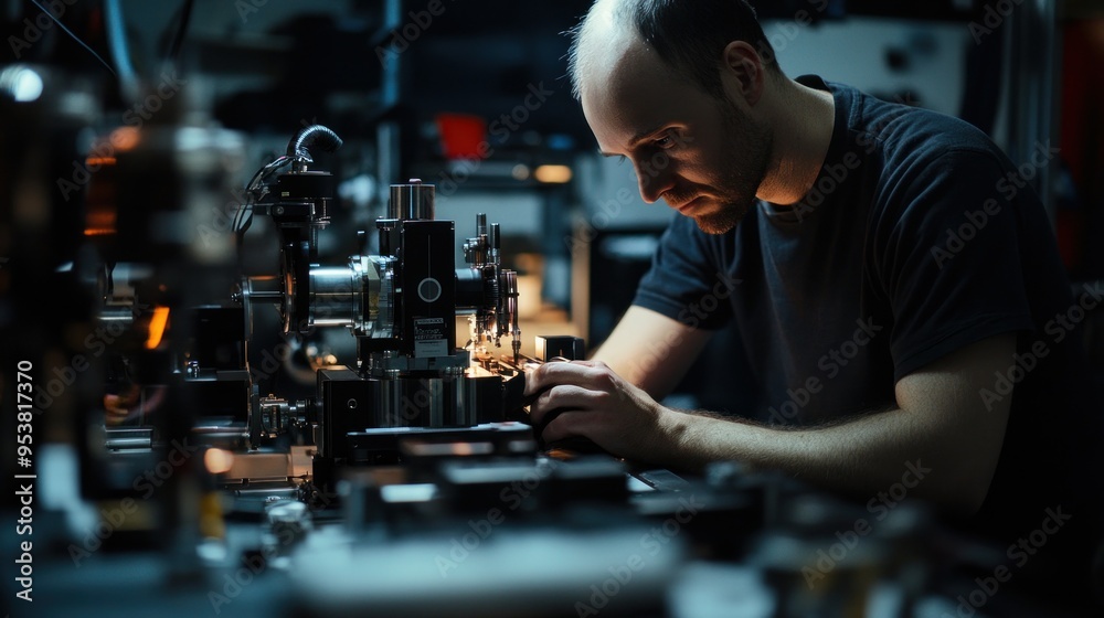 Poster A Man Working on a Complex Machine in a Dark Lab