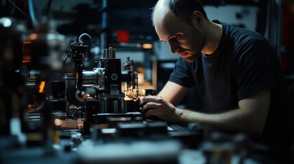 A Man Working on a Complex Machine in a Dark Lab