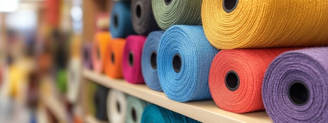 Colorful Rolls of Woolen Thread on a Shelf for Crafting and Sewing Generative AI