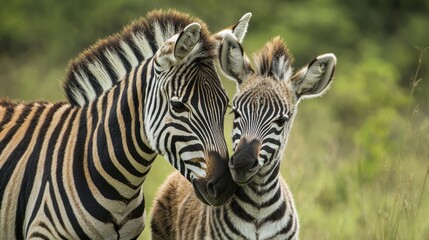A tender moment of a baby zebra nuzzling its mother, emphasizing the bond between them.