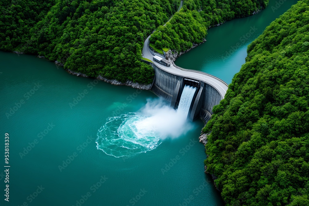 Poster clean energy and hydropower are showcased in a realistic photo of a dam in action, with water cascad