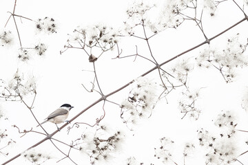 The marsh tit perched on creeper plant (Poecile palustris)