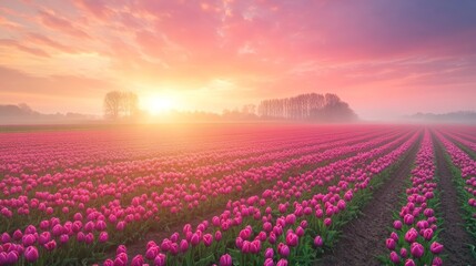 Fototapeta premium Tulip fields in the Netherlands at sunrise panoramic view Generative AI
