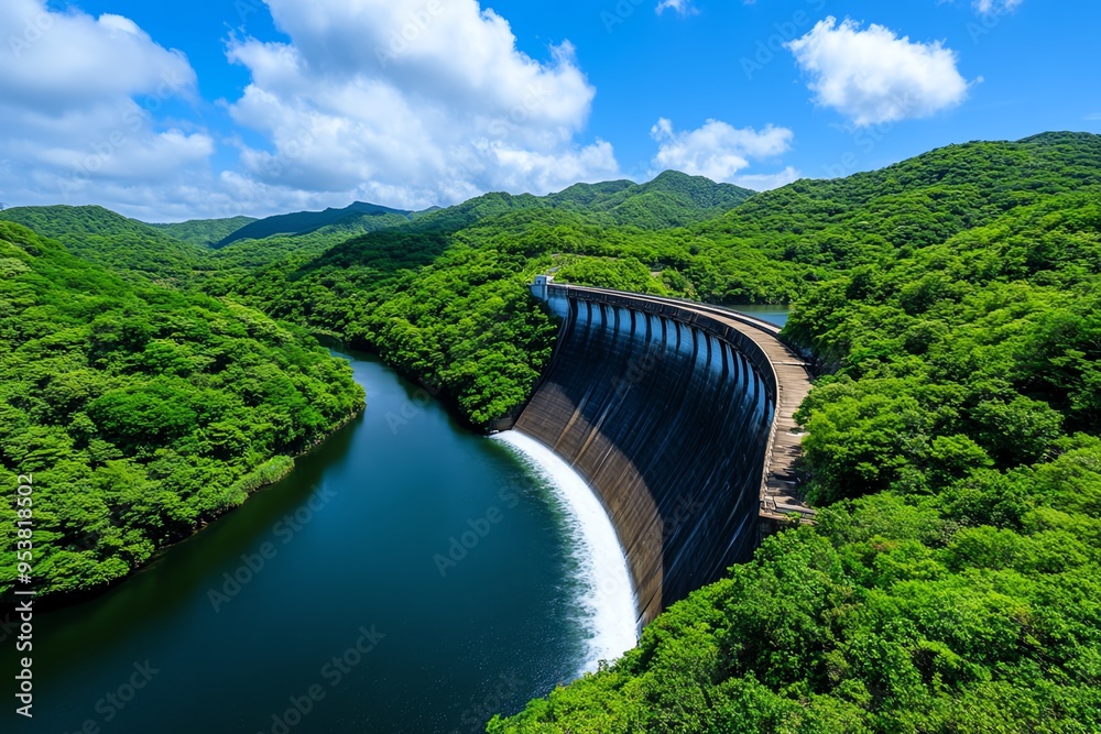 Poster clean energy and hydropower efficiency are captured in a realistic photo of a dam surrounded by lush