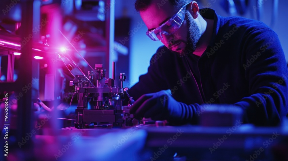 Poster man in goggles working with laser equipment in lab