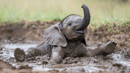 Obraz premium A baby elephant playfully rolling in the mud, capturing its playful behavior.