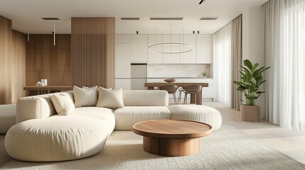 Modern home living room interior with cozy sofa and wooden tea table