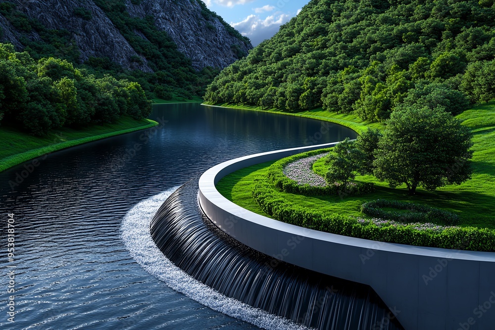 Poster Cost-effective hydropower and clean energy are highlighted in a minimalist design of a streamlined dam with a flowing river