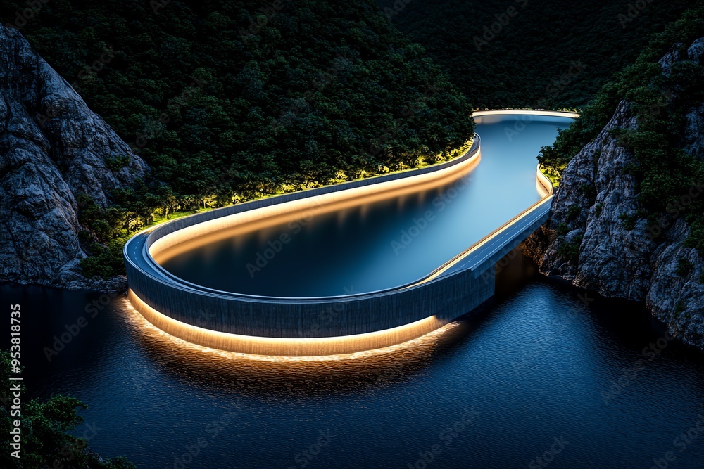 Poster cost-effective hydropower and clean energy are highlighted in a minimalist design of a streamlined d