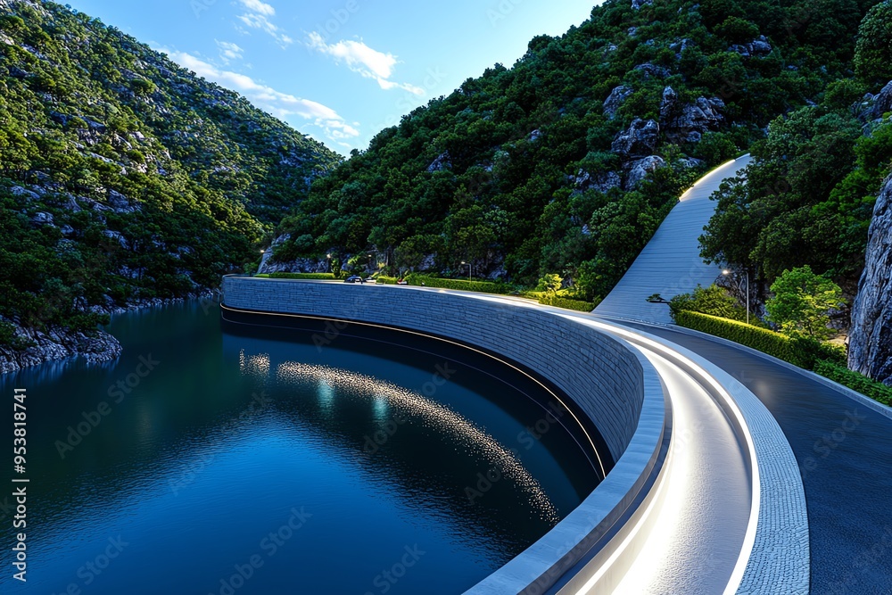 Poster Cost-effective hydropower and efficient performance are captured in a minimalist design of a dam with sleek, modern lines